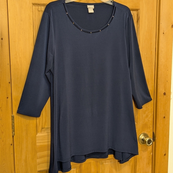 Chicos Shirt Siz 2 LG Top Navy Blue LS Blouse Embellished Casual Evening Party - Picture 2 of 9